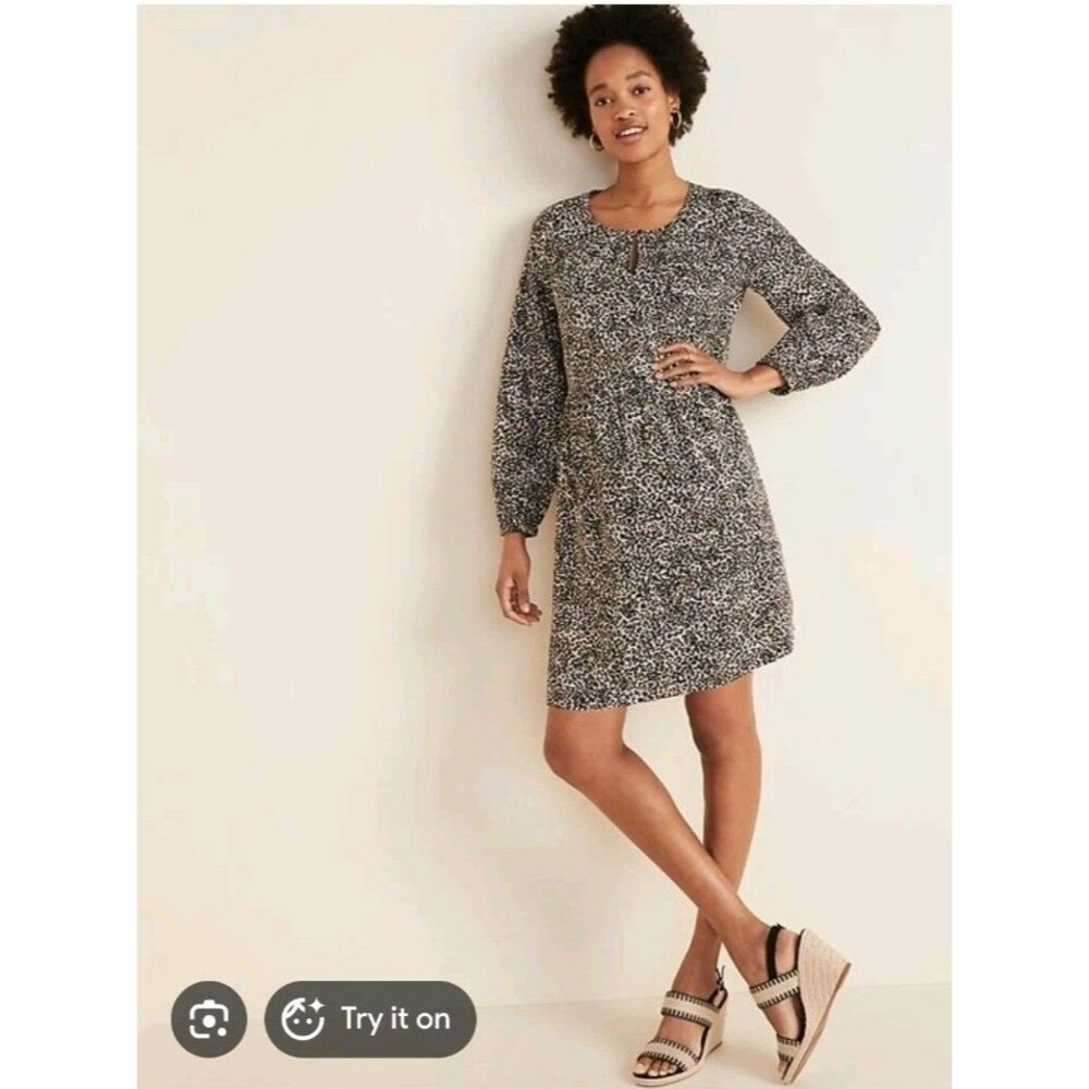 Old Navy Women's XL Leopard Print Swing Dress Long Sleeve Mini Boho 100% Rayon